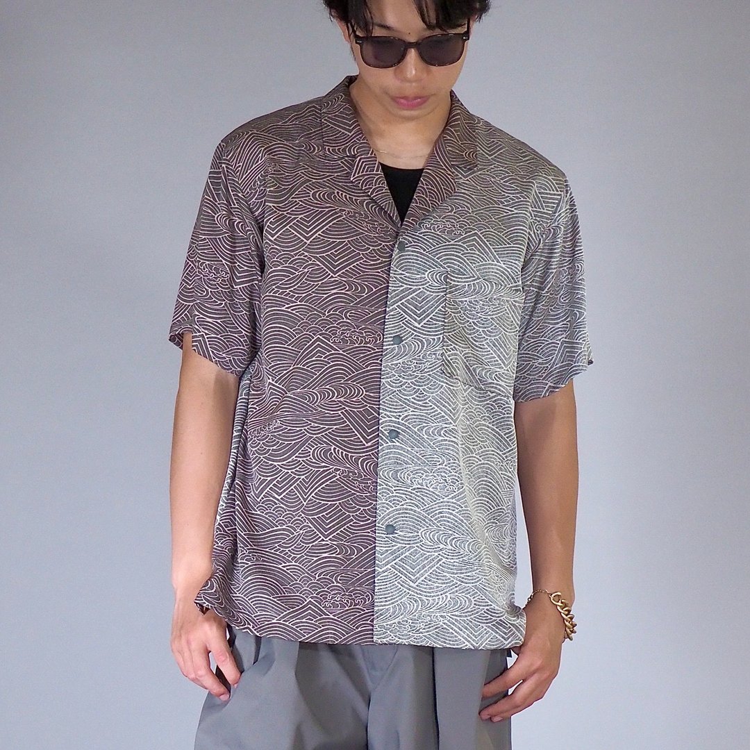 【日本制造】复古丝绸和服翻版、男士衬衫 M、半袖、按扣 - 男装衬衫 - 丝．绢 灰色