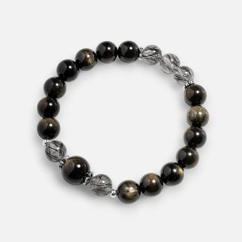 情侣手链 女款 | 金沙黑曜石黑发晶925银水晶手链 - 手链/手环 - 水晶 黑色