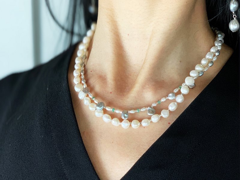 [May and June birthstones] Emerald and freshwater pearl double necklace that bring good luck - 项链 - 珍珠 白色