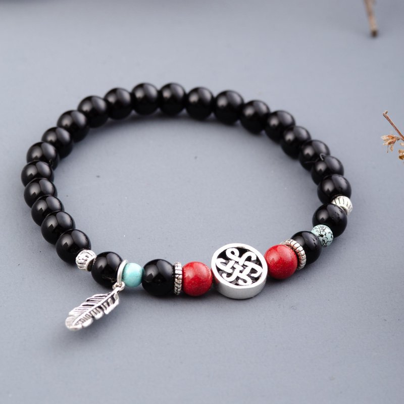 黑玛瑙绿松石朱砂泰银手链 |925纯银手链 | 天然水晶 | 定制礼物 - 手链/手环 - 水晶 黑色