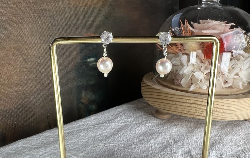 精镶六爪单钻 925纯银镀白金 珍珠耳环 - 耳环/耳夹 - 银 银色