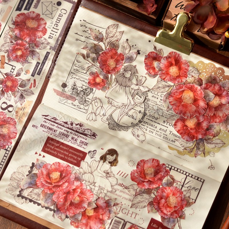 红茶 复古大花卉 PET 和纸胶带 超長循環 - 纸胶带 - 其他材质 红色