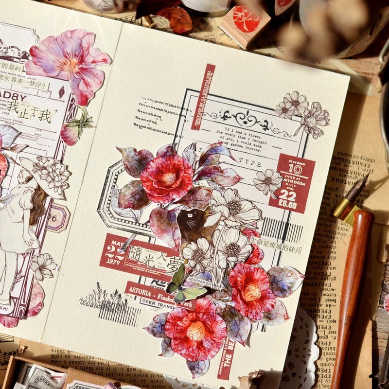 红茶 复古大花卉 PET 和纸胶带 超長循環 - 纸胶带 - 其他材质 红色