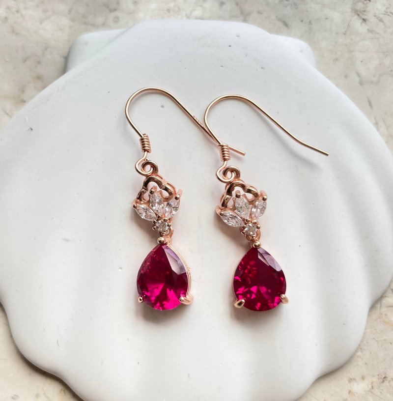 红刚玉耳环玫瑰金925纯银耳环戒指裸石宝石轻珠宝半宝石 - 耳环/耳夹 - 宝石 红色