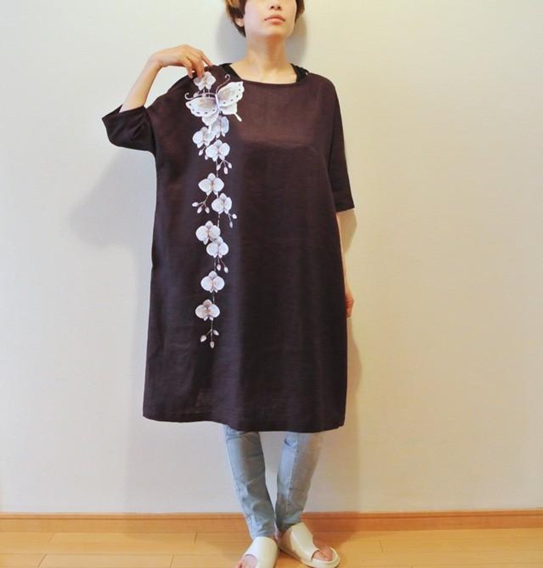 One piece dress · Purple butterfly and Phalaenopsis orchid - 洋装/连衣裙 - 棉．麻 紫色