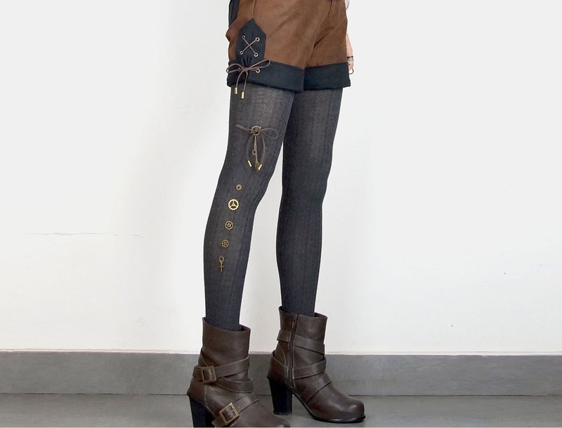 蒸汽朋克 金属齿轮 秋冬女 混纺 棉袜黑灰 瘦腿踩脚 连裤袜子 - 袜子 - 棉．麻 多色