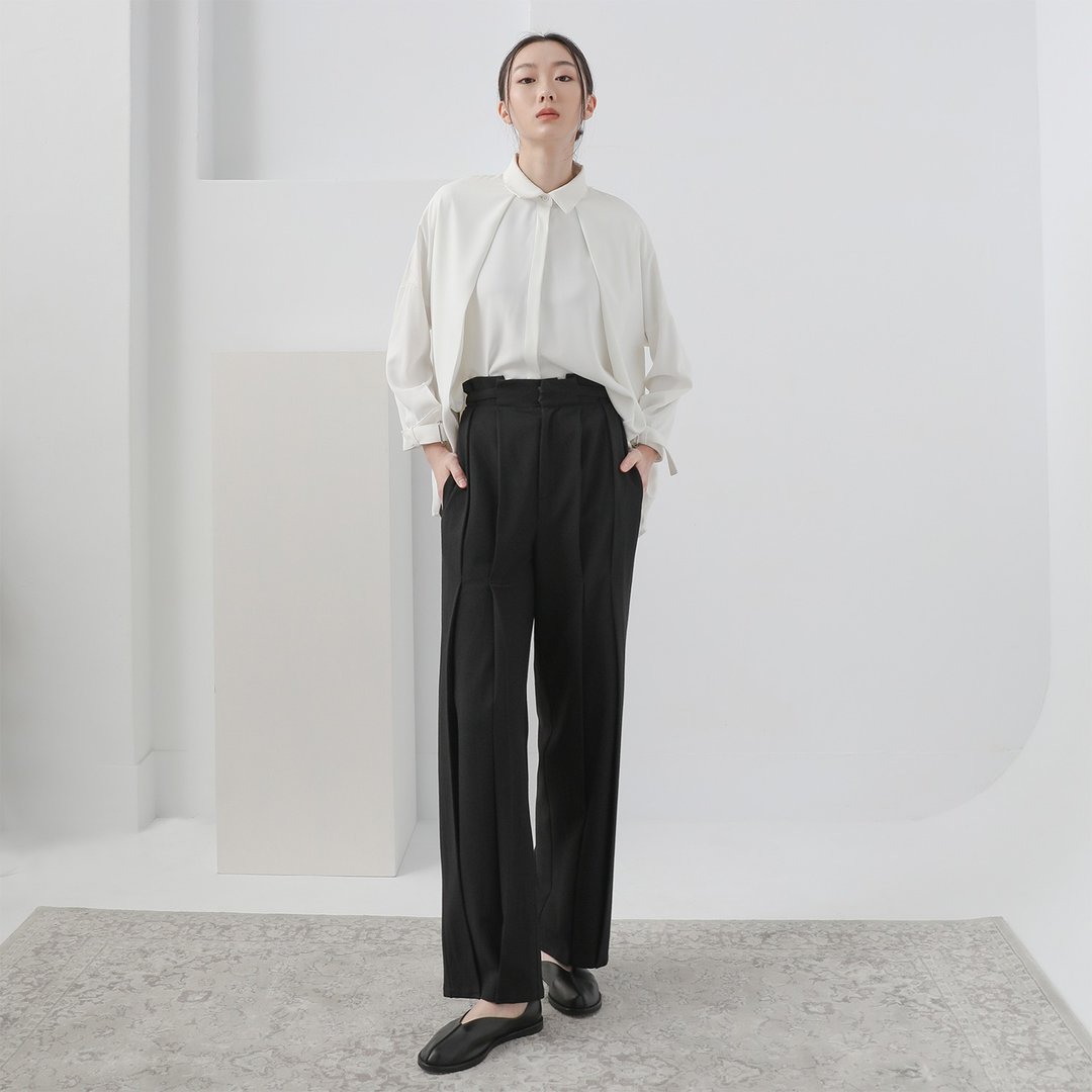 Congcong_匆匆双褶长裤_22AF204 _黑 - 女装长裤 - 聚酯纤维 黑色