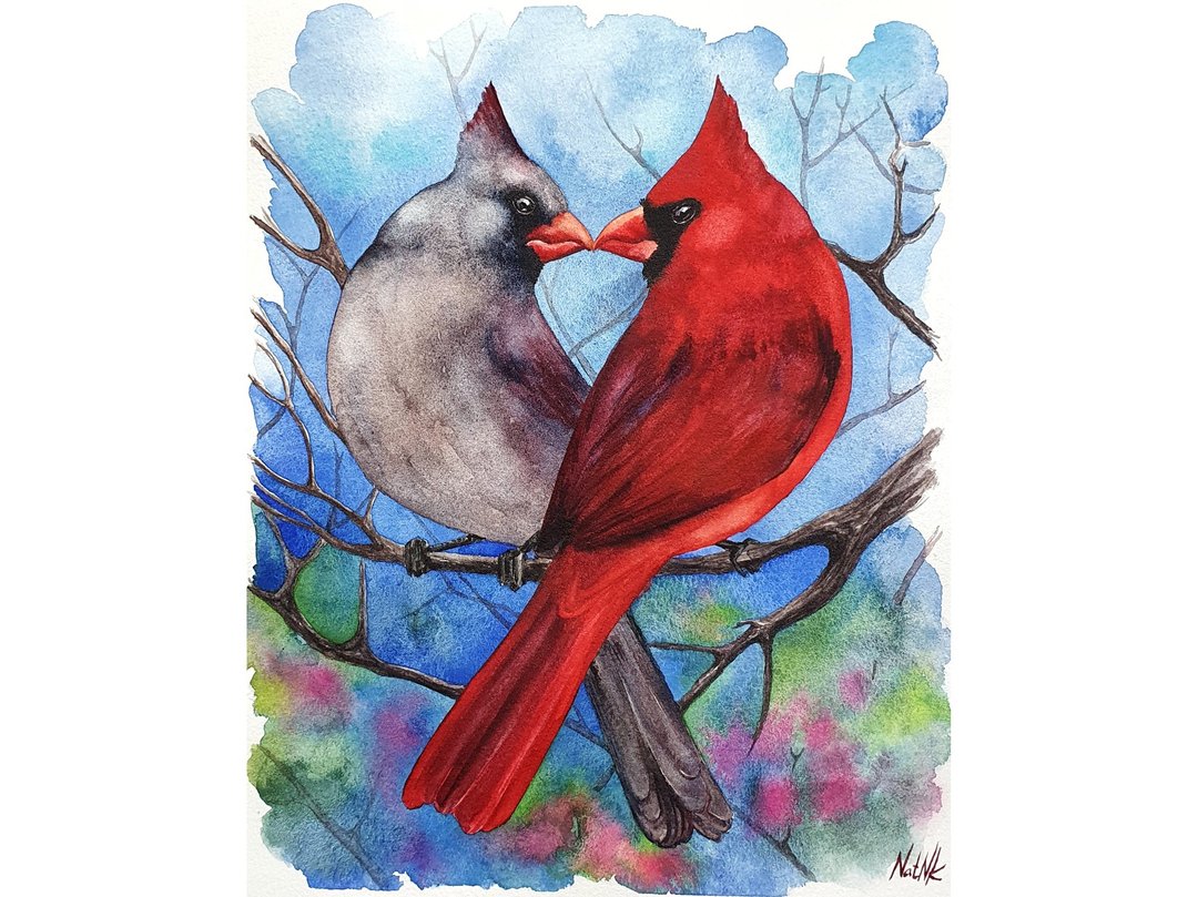 Cardinal Painting Bird Original Art Watercolor Wall Art Love Couple Artwork - 海报/装饰画/版画 - 纸 红色