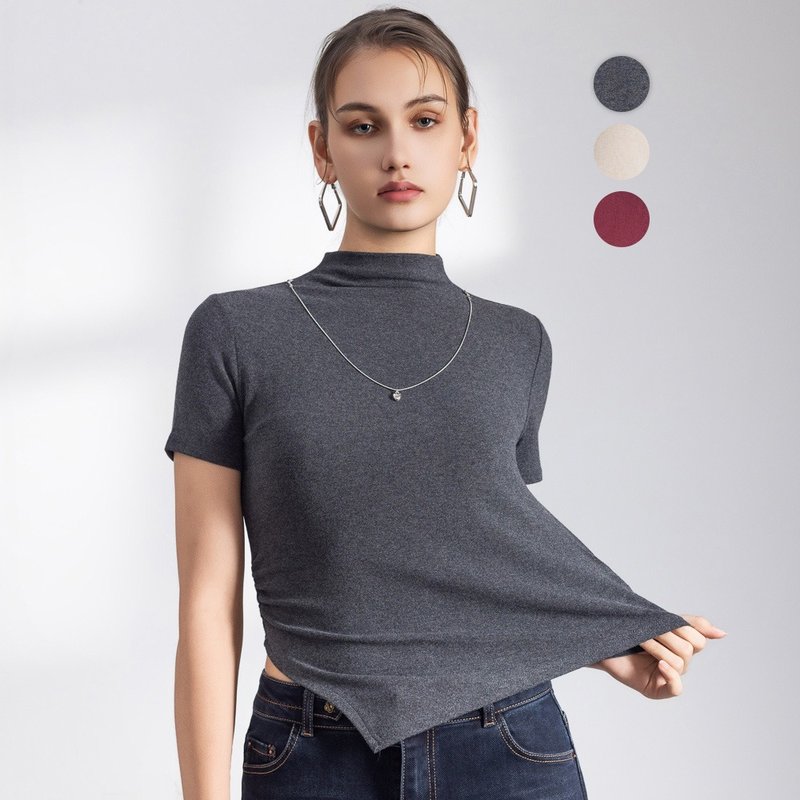 【ICare】半高领修身斜裁短袖上衣 - 3色(F) | 基本款 女短袖上衣 - 女装上衣 - 棉．麻 灰色