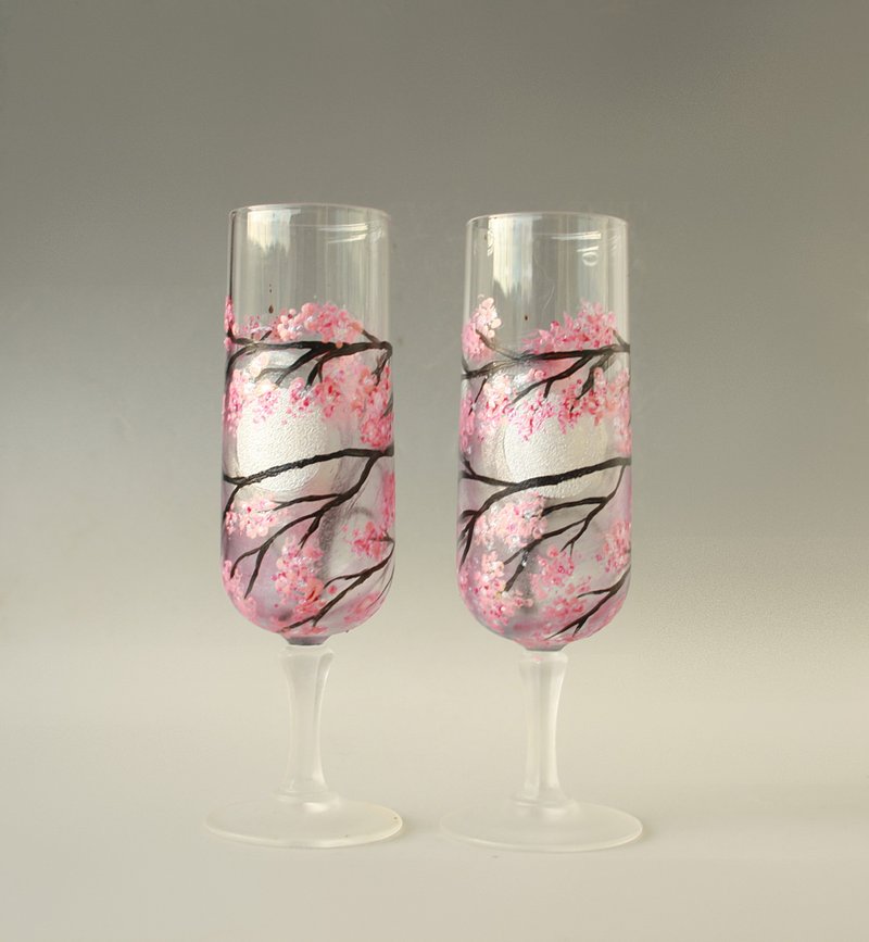 Sakura Glasses Champagne Wine Hand-painted set of 2 - 酒杯/酒器 - 玻璃 粉红色