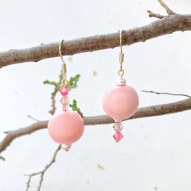 不对称情人节 施华洛世奇水晶耳环 可改耳夹 - 耳环/耳夹 - 木头 粉红色