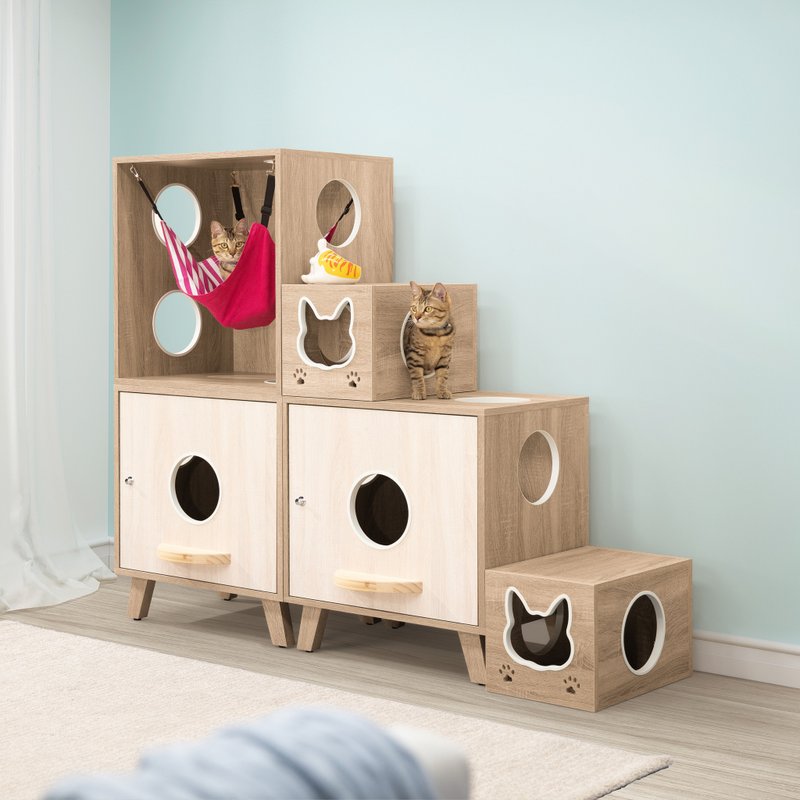 简约双盆阶梯组合(洞洞吊床柜) - 猫砂/猫砂垫 - 木头 