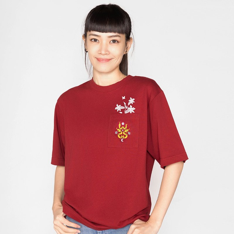 【金蛇百倍年节限定】金蛇百倍口袋T酒红(男女适用) - 男装上衣/T 恤 - 棉．麻 红色