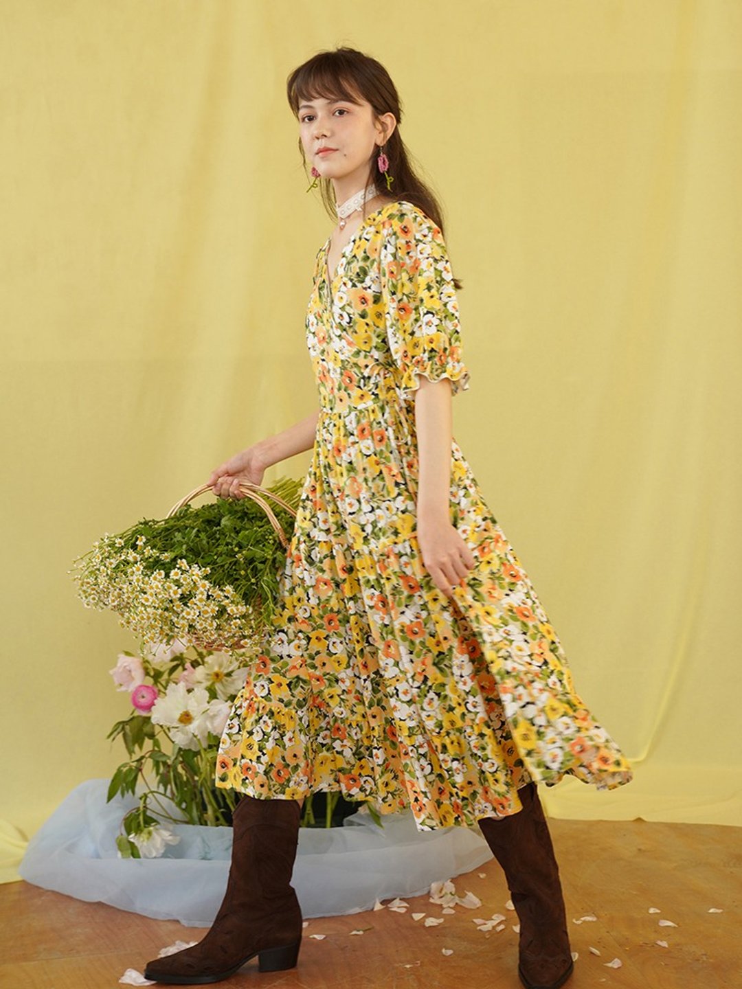 MintCheese独立设计 法式少女 山坡上的虞美人 碎花裹裙茶歇长裙 - 洋装/连衣裙 - 棉 黄色