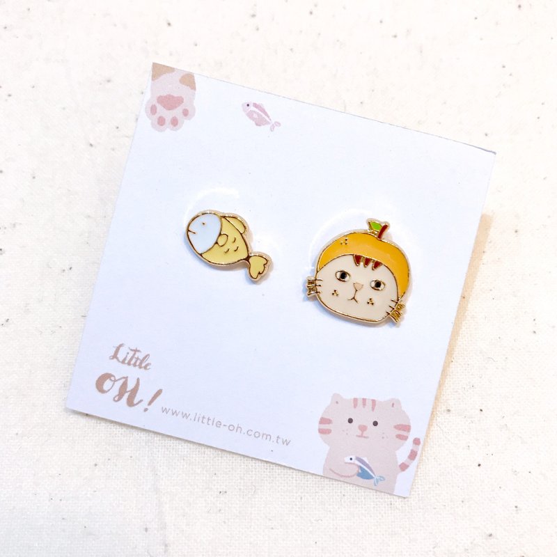橘子猫咪 猫耳环 水果动物  夹式耳环 生日礼物 - 耳环/耳夹 - 珐琅 黄色