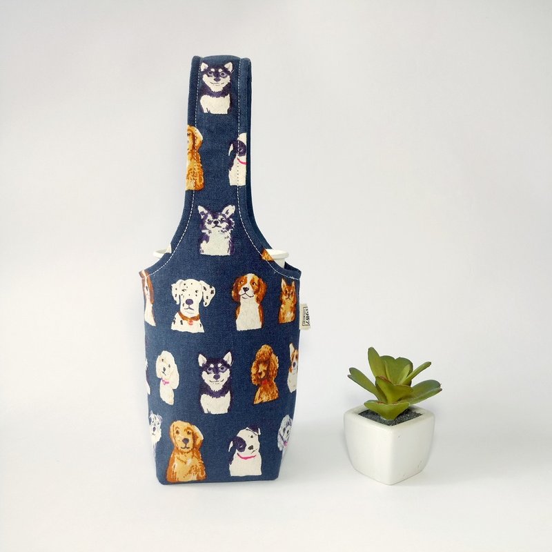 【狗狗图鉴-蓝】双面饮料杯套 冰霸杯套 环保杯套 水壶袋 - 随行杯提袋/水壶袋 - 棉．麻 蓝色