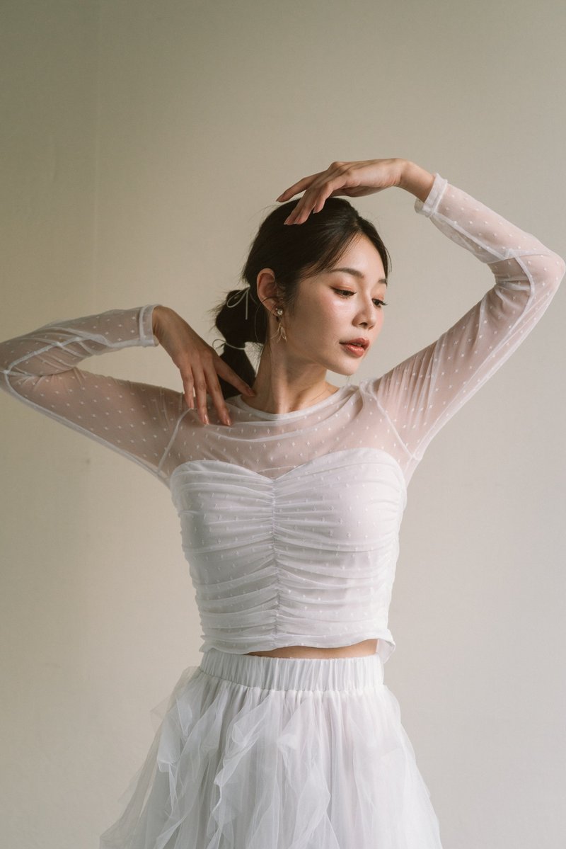 心型抓皱网纱上衣       轻婚纱首选 - 女装上衣 - 其他材质 白色