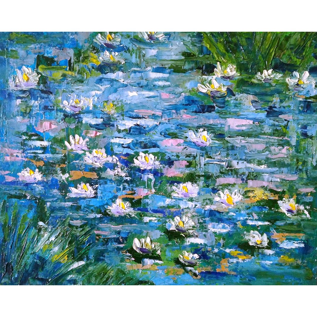 Water Lily Oil Painting Original Art, Monet Pond Landscape, Impasto Floral Art - 海报/装饰画/版画 - 其他材质 多色