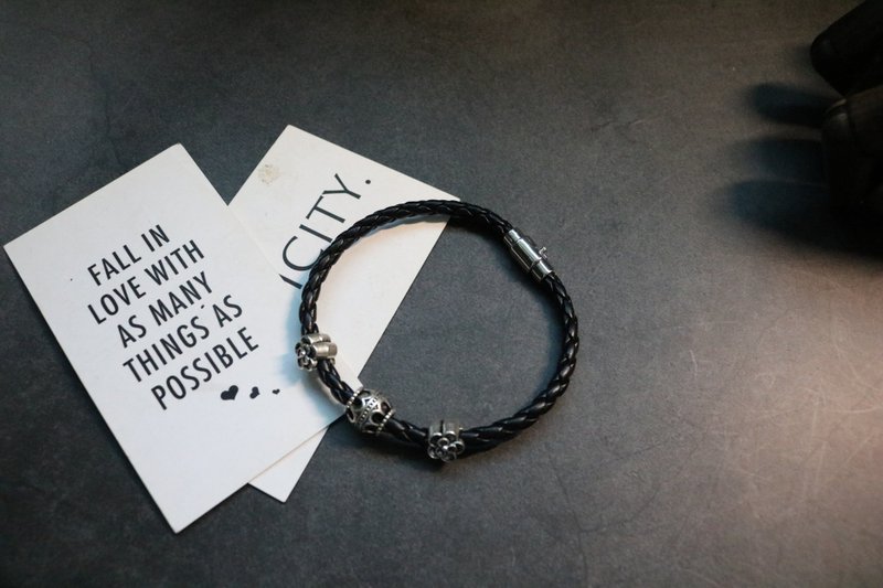 黑色头层牛皮编织手绳古银转运珠复古个性手环 - 手链/手环 - 真皮 黑色