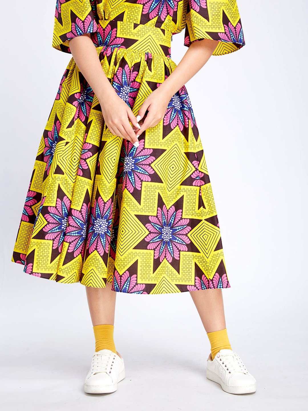 Midi Floral A Line Skirt Yellow - 裙子 - 棉 黄色