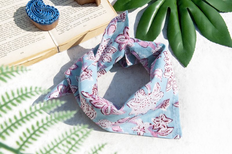 印度手工木刻印方巾 头巾 植物染纯棉布 手帕 茶巾领巾手拭巾-花 - 手帕/方巾 - 棉．麻 多色