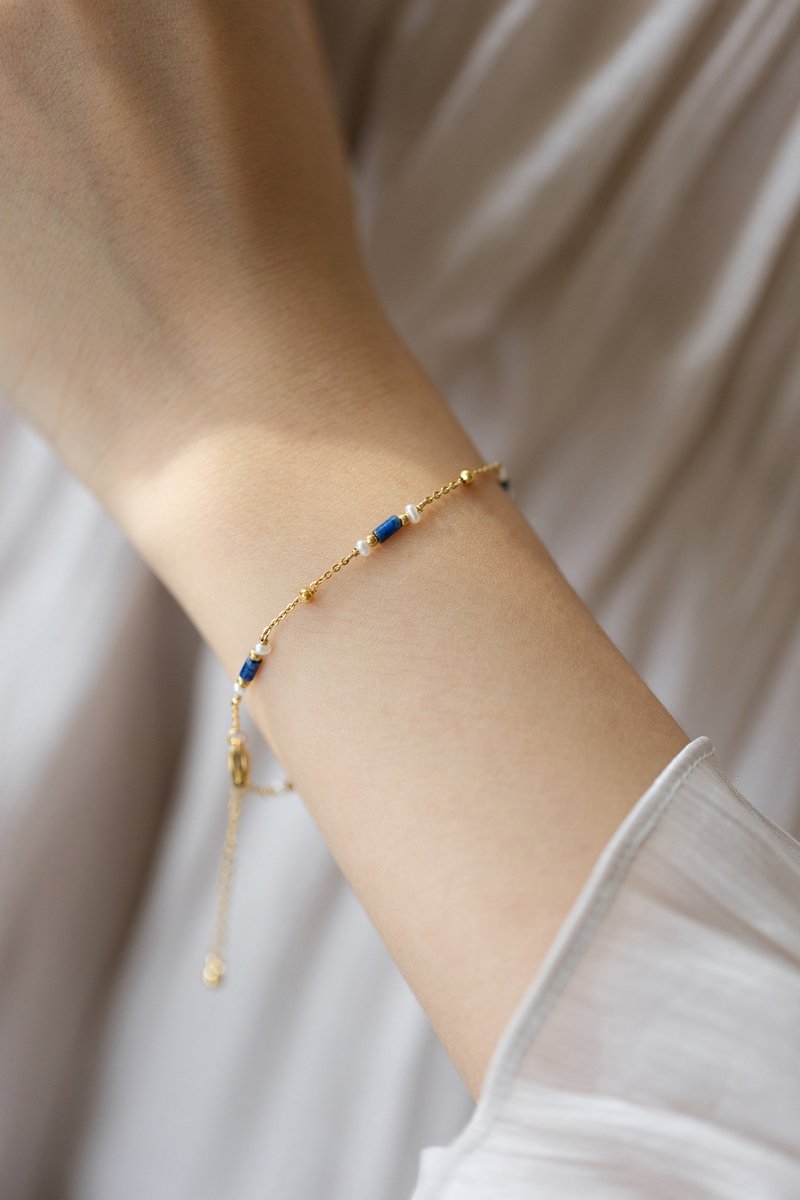 Lapis lazuli 天然青金石淡水珍珠手链 316L医疗钢镀18k金 - 手链/手环 - 不锈钢 金色