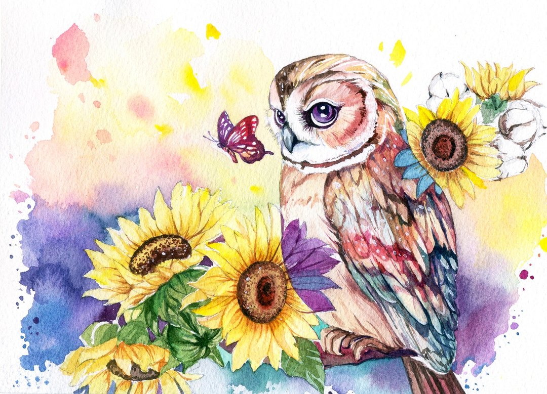 向日葵与猫头鹰-原创水彩手绘艺术画作/艺术挂画/精致居家装饰 - 海报/装饰画/版画 - 纸 黄色
