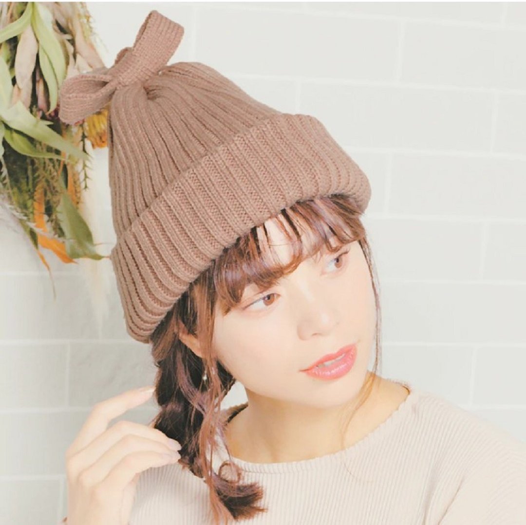 2in1 Ribbon Beanie Knitted Cap Warm Versatile Scarf Hat 14+ ICHIYONPLUS ckni0794 - 帽子 - 其他材质 粉红色