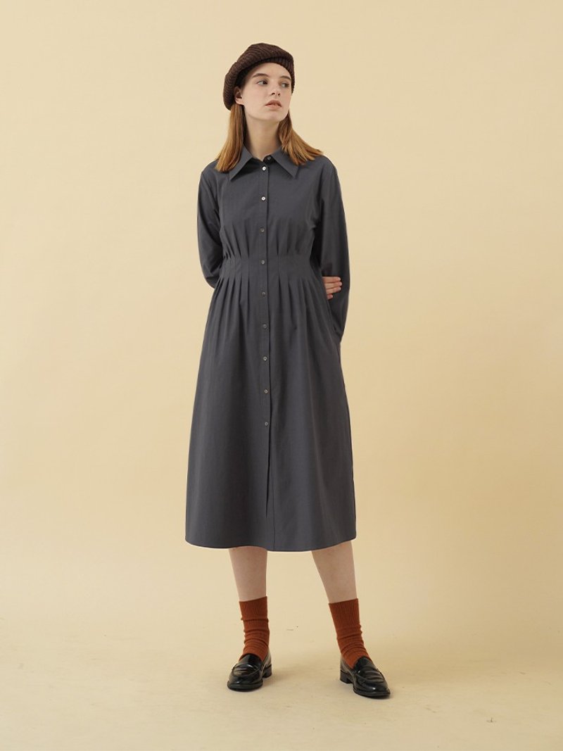 ECRU SOLI 素白已然 秋冬简约通勤 气质灰蓝色打褶收腰衬衫连衣裙 - 洋装/连衣裙 - 棉．麻 灰色