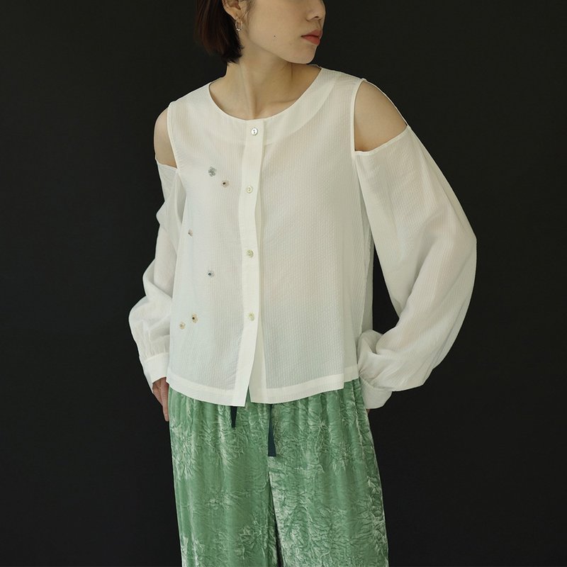 手工钉珠漏肩短上衣 真丝圆领长袖纯色 - 女装上衣 - 丝．绢 白色