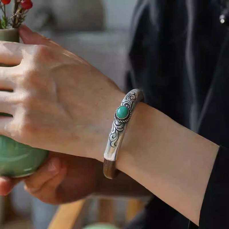 唐草足银绿松藤镯  未时999纯银手镯子绿松石手工复古董野生老藤 - 手链/手环 - 木头 
