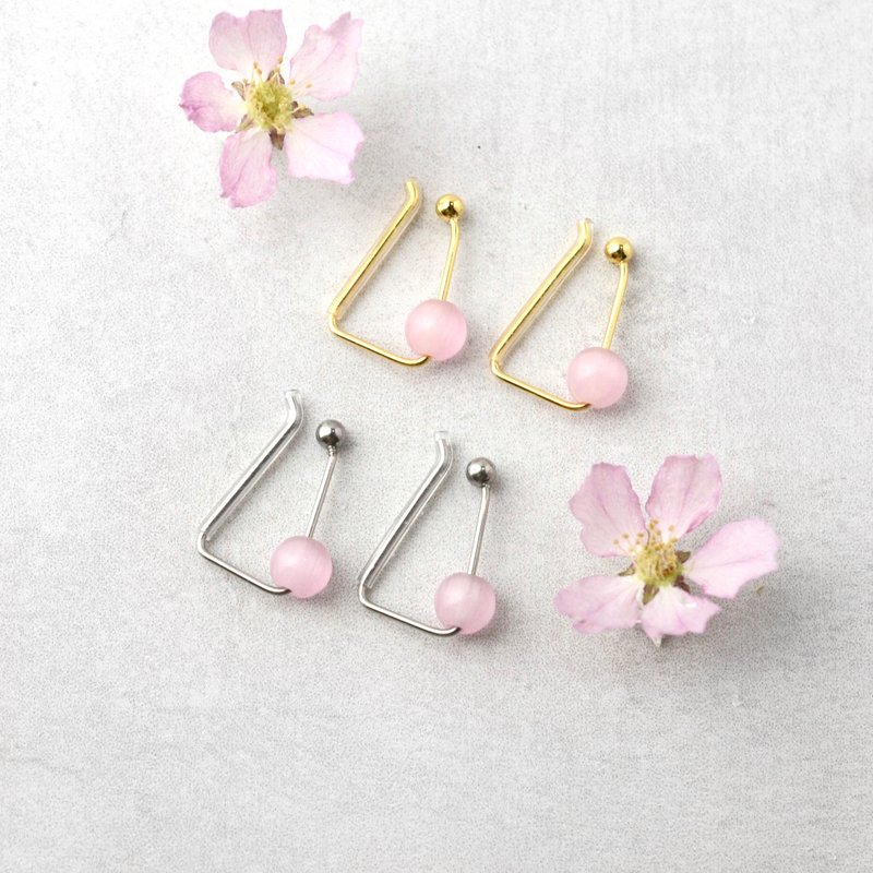 樱花猫眼夹式耳夹外科不锈钢2 向耳环邀请生日礼物 - 耳环/耳夹 - 宝石 粉红色