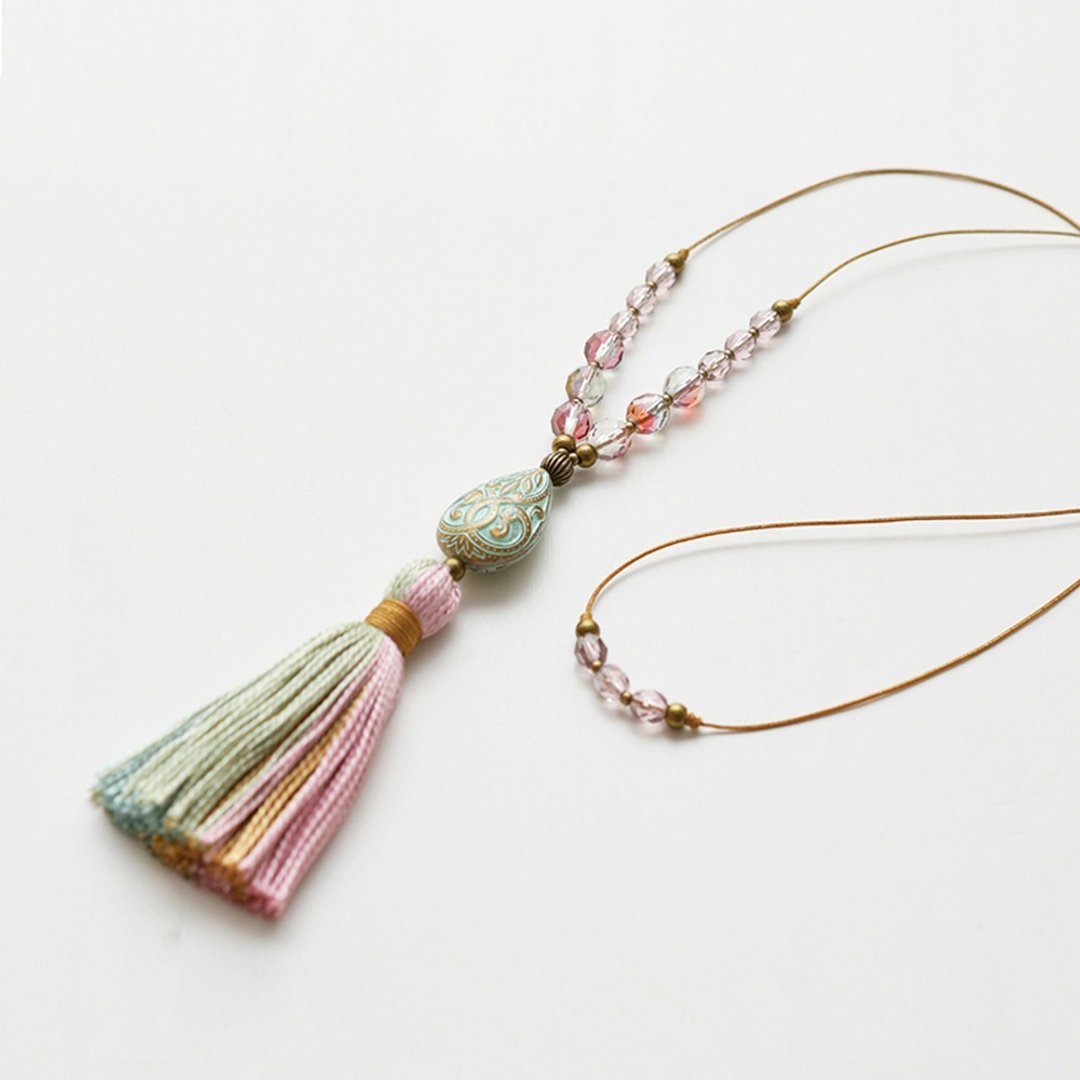 Tassel Necklace/pink - 项链 - 棉 粉红色