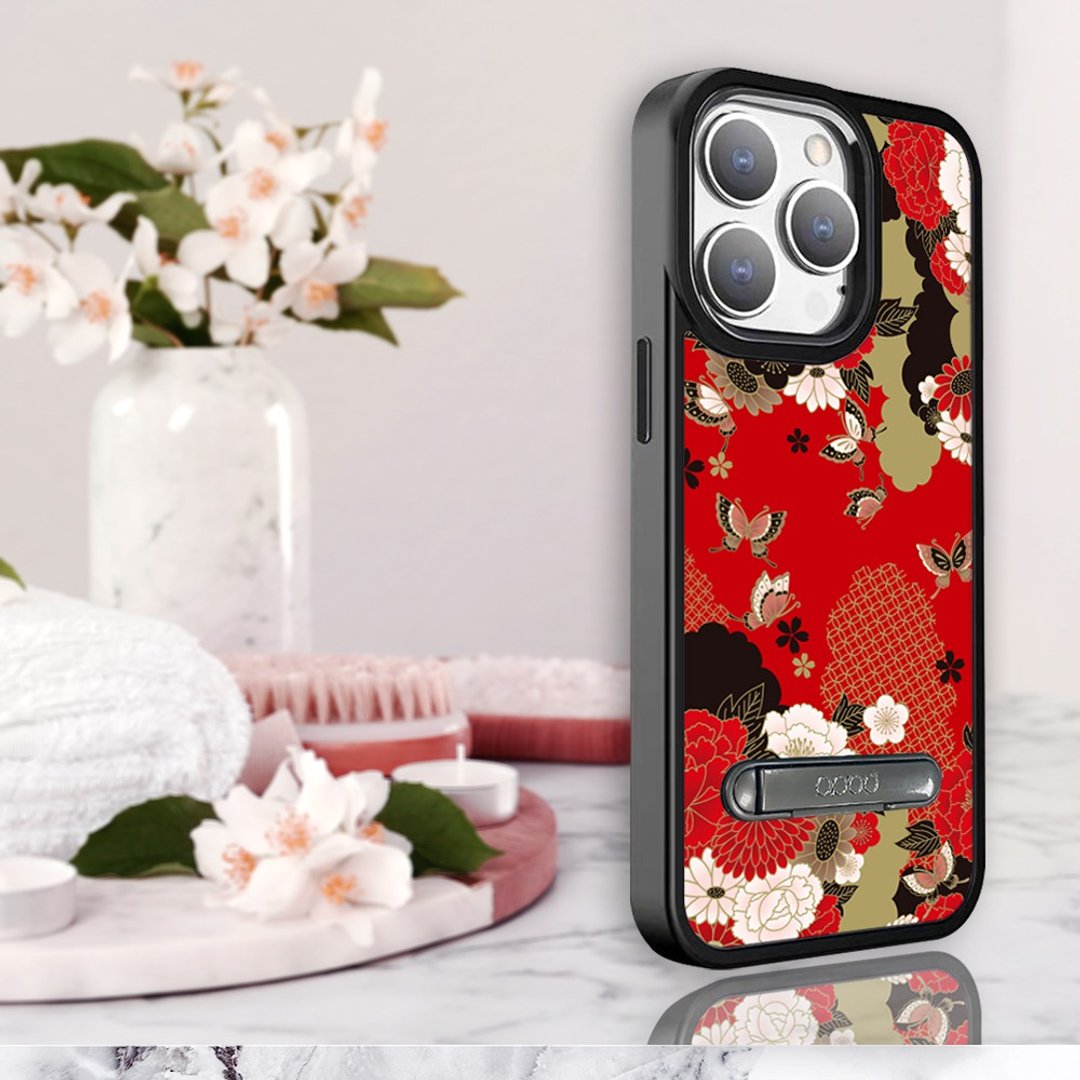 iPhone15 14系列军规防摔铝合金镜头框立架手机壳-浮世绘牡丹与蝶 - 手机壳/手机套 - 其他材质 多色