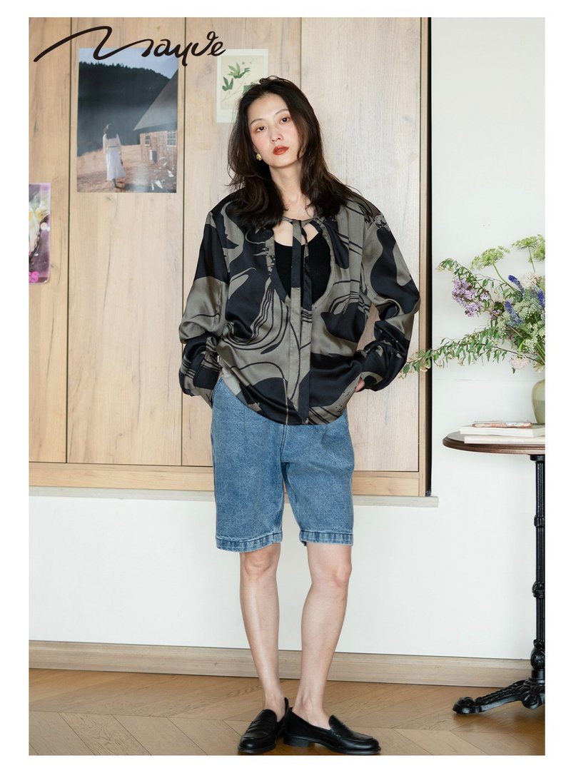 Moonsee 高级印花慵懒上衣宽松版型系绳大U领罩长袖衫衬衫 - 女装衬衫 - 聚酯纤维 