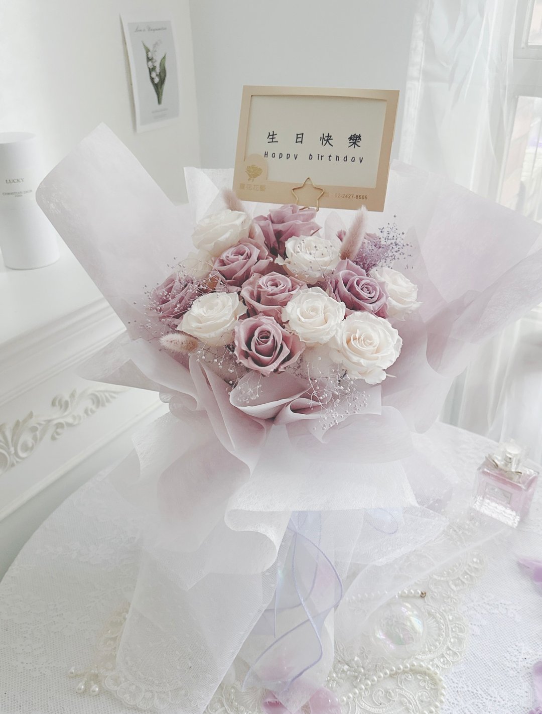 紫白永生玫瑰花束14朵 - 干燥花/捧花 - 植物．花 紫色