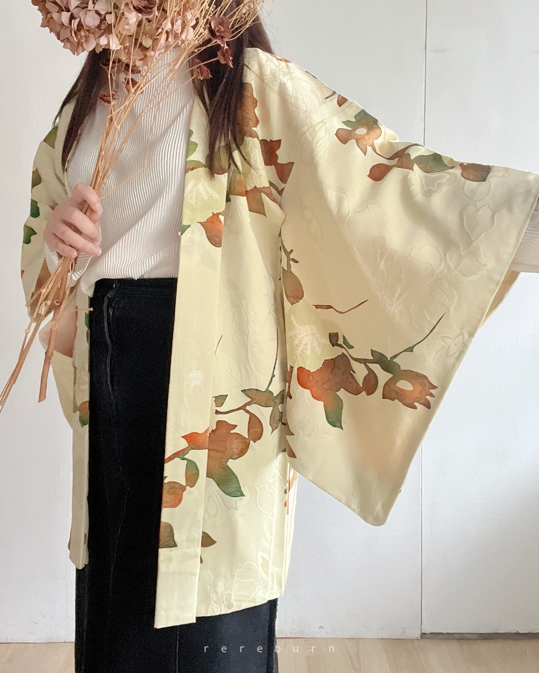 日本制和风印花黄绿色渐层古着羽织和服外套 - 女装休闲/机能外套 - 聚酯纤维 黄色