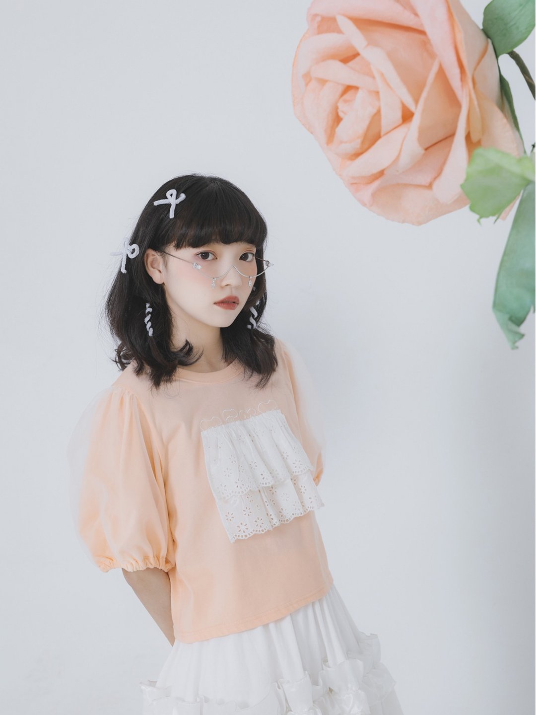牛稠岛 x 能尖日 浅橘粉色蕾丝花边欧根纱泡泡袖短T恤 甜美 粉嫩 - 女装 T 恤 - 棉．麻 粉红色