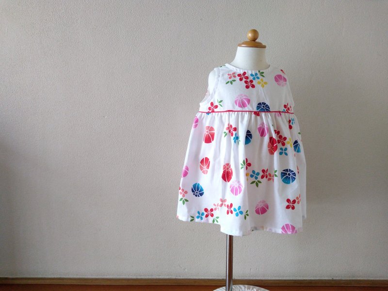 Children's yukata fabric, flared dress, Chusen Temari, 80-130 size, made-to-order - 童装裙 - 棉．麻 白色