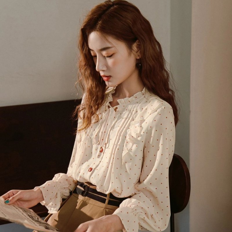 安妮陈 法式波点花边领长袖衬衫上衣 通勤文艺复古宽松秋季穿搭 - 女装衬衫 - 聚酯纤维 白色