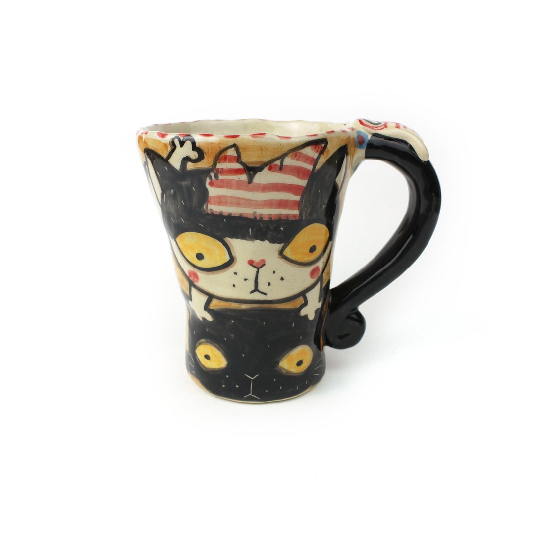 Nice Little Clay 手工铃铛杯 黑白猫 0101-109 - 咖啡杯/马克杯 - 陶 白色