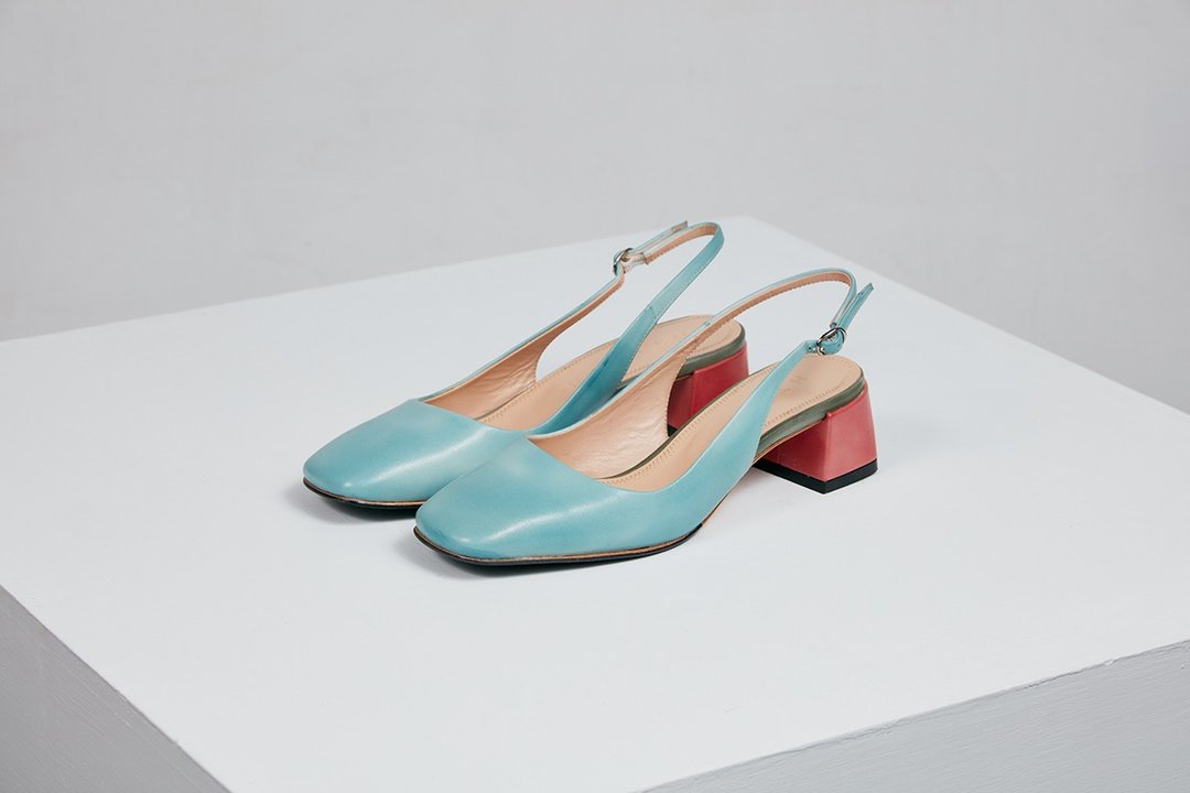 HTHREE 4.6方头后踝带跟鞋/ 水蓝 / Square Toe Back Strap Heels - 女款牛津鞋/乐福鞋 - 真皮 蓝色