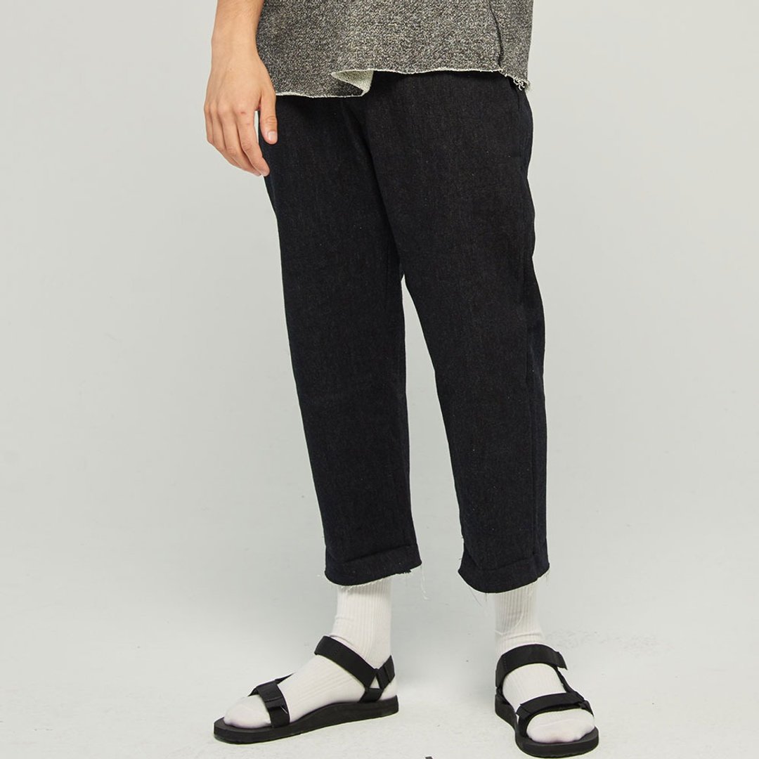 Stone@s Loose Fitting Cropped Jeans / 单宁 牛仔 九分 松紧 裤 - 男士长裤 - 棉 黑色