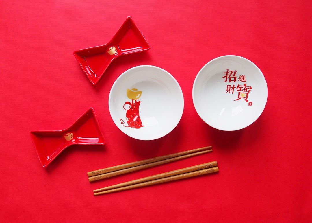 一举鼠得 招财进宝彭派组 - 碗 - 瓷 红色