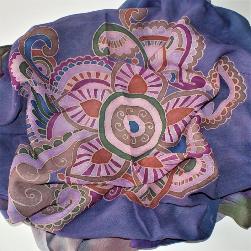 Long paisley scarf Pure cotton scarf for ladies Hand painted scarf - 丝巾 - 棉．麻 蓝色