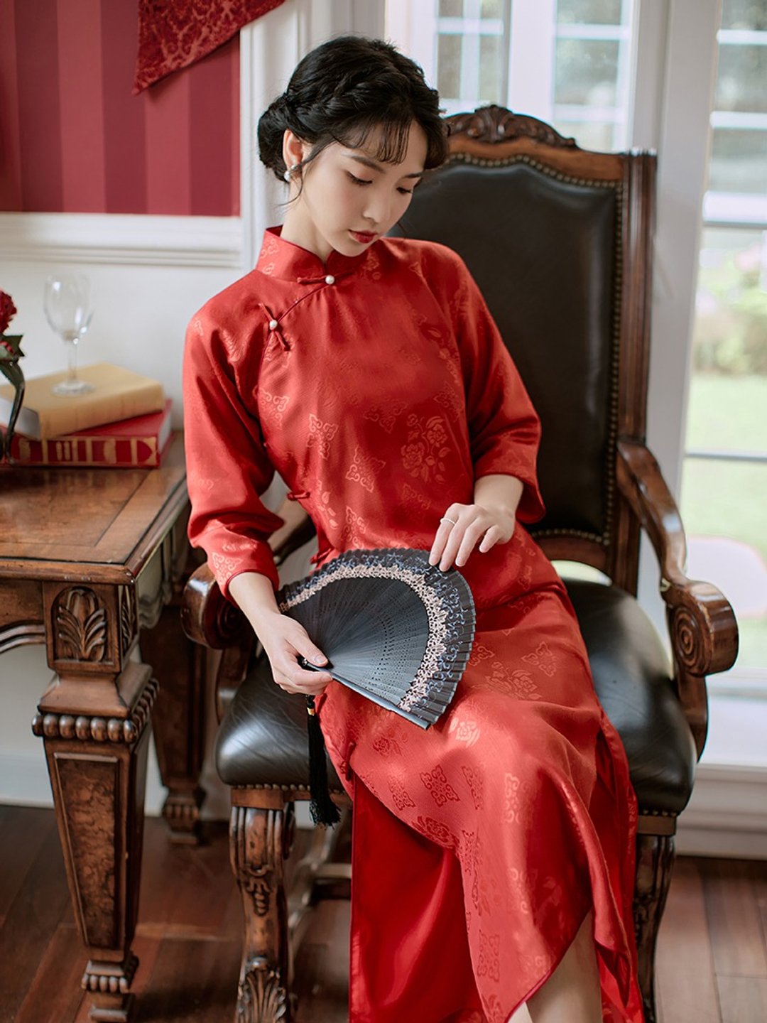 故宮紅 紅羅 如意紋提花旗袍新娘敬酒服 復古改良新中式國風洋裝 - 旗袍 - 聚酯纤维 红色