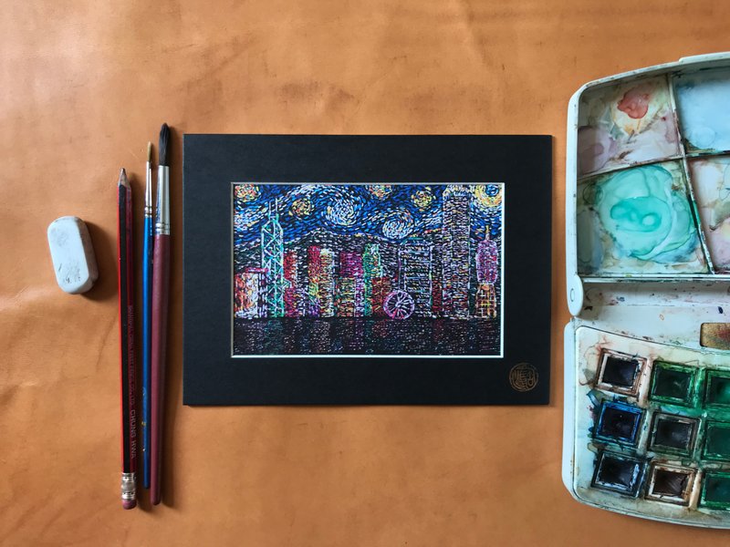 【加密明信片】香港维多利亚港夜景-旅游礼物/装饰画卡/手绘风 - 卡片/明信片 - 纸 多色