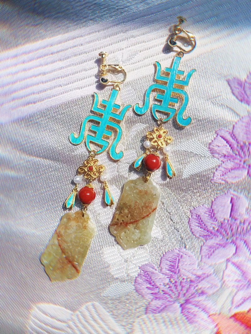 【手作孤品】银镀金点翠工艺万寿纹耳夹 可改耳环 - 耳环/耳夹 - 银 