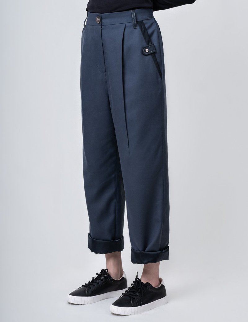 微直筒修身老爷反折裤－午夜蓝 - 女装长裤 - 羊毛 蓝色