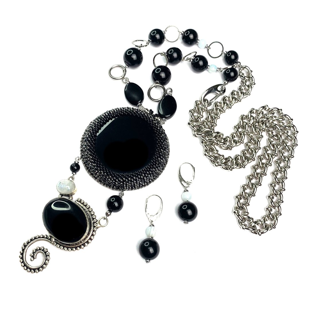 Bead embroidery black agate necklace Long beaded necklace - 项链 - 宝石 黑色